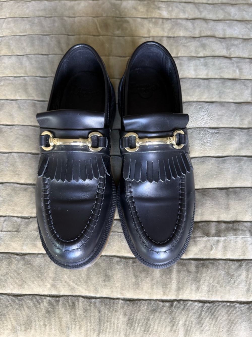 Dr. Martens Black Leather Kiltie Loafers with Gold Bit
